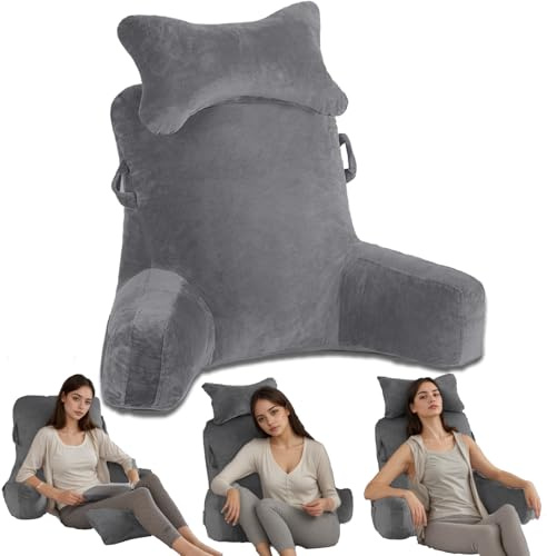 Exquilnova Almohada de lectura para cama de adulto, cojín extraíble, almohada de apoyo lumbar con bolsillos, soporte para brazos, cojín de espalda para adultos sentados en la cama, sofá, suelo, silla