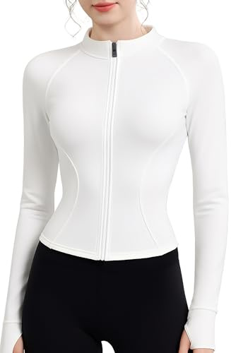 Veste Sport Femme Haut de Sport Tee Shirt Manche Longue Léger Respirantes | Veste Jogging Femme avec pouces Veste de Course avec Fermeture Vetement Ensemble Haut Sport Fitness Running Yoga Blanc Noir