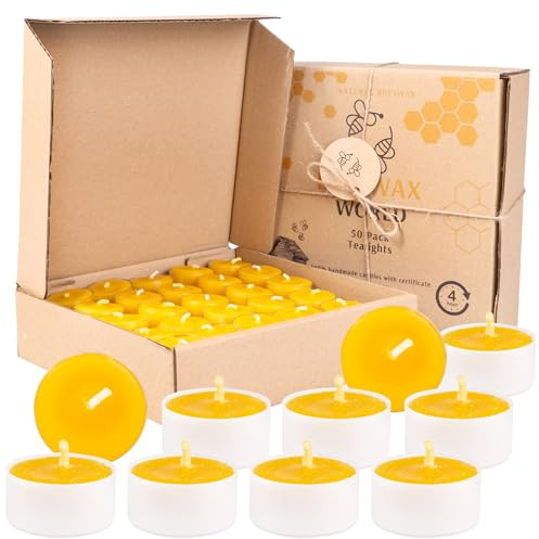 BeesWax World 100% bivaxljus – bivaxvärmeljus med bomullsvekar – 4 timmars brinntid – 10–50 delars ljusset – bivaxljus med återvunnen plast (50, plast)