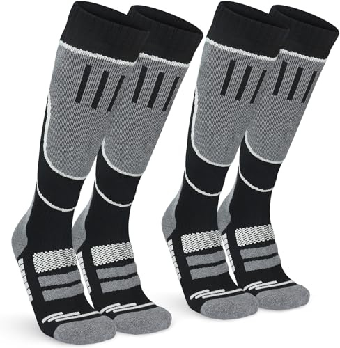 KOOOGEAR Calzini da sci da donna, termici al ginocchio, 2 paia di calzini da snowboard, spessi, invernali, caldi, per sport all'aria aperta, a compressione, extra cuscini, assorbono il sudore, nero