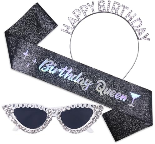 Stiedey Birthday Accessories for Women, Black Birthday Girl Sash with Heart Diamonds Sunglasses and Sparkling Crystal Headband, Happy Birthday Party Accessories for Girl Women Costume Decoration