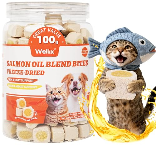 Wellix Freeze Dried Treats for Dogs & Cats - with Salmon Oil - 100g | Crunchy Healthy Pet Snacks for Indoor Training. Contain No Fillers or Artificial Additives. Tasty and Easy to Digest