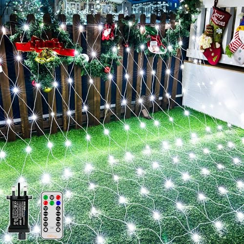 Ollny Net Lights Outdoor, 200 LED 3m x 2m Christmas Fairy Lights Mains Powered, Waterproof Mesh String Light with 8 Lighting Modes/Timer/Remote/Dimmable, for Xmas Tree/Outside/Garden, Cool White