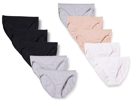 Amazon Essentials Slip del bikini a vita alta in cotone elasticizzato Donna, Confezione da 10, Beige/Bianco/Grigio Puntinato/Nero, 48