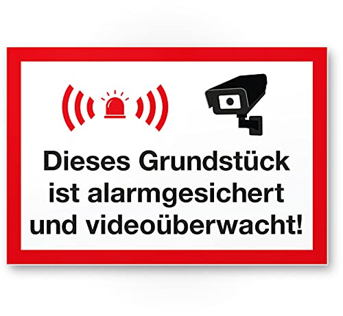 Komma Security Grundstück Alarmgesichert Videoüberwacht Schild - Achtung Vorsicht Videoüberwachung - Hinweis Hinweisschild Videoüberwacht - Warnhinweis
