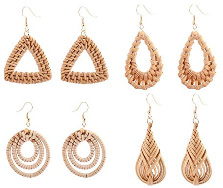 4 Pairs Lightweight Rattan Knit Dangle Earrings Bohemia Straw Wicker Braid Woven Geometric Statement Earring Women Bamboo Jewelry-style 2