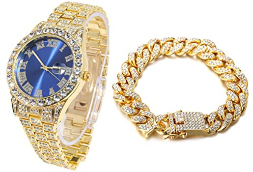 HALUKAKAH Diamanti Orologio Oro, Uomo Placcato Oro Reale 18K 42MM Largo Blu Componi Quarzo Cinturino 24cm con Link Cubano Catena 20cm Bracciale Set, con Scatola Regalo