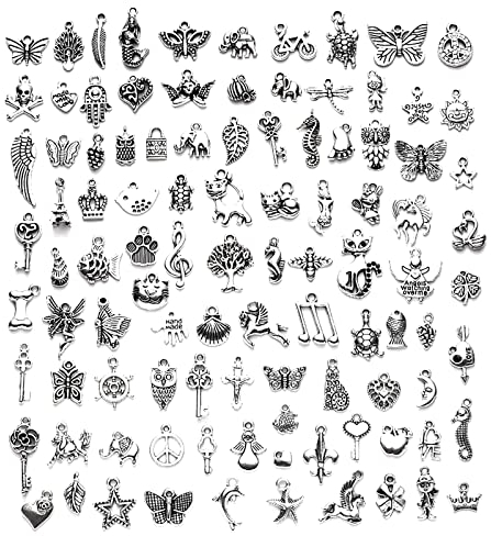 Skyzone Charms-Anhänger für die Schmuckherstellung, 100 Stück gemischte Retro-Silber-Metall-Charms für Armbänder, Halsketten, Armbänder, Ohrringe, Zubehör zur DIY-Schmuckherstellung