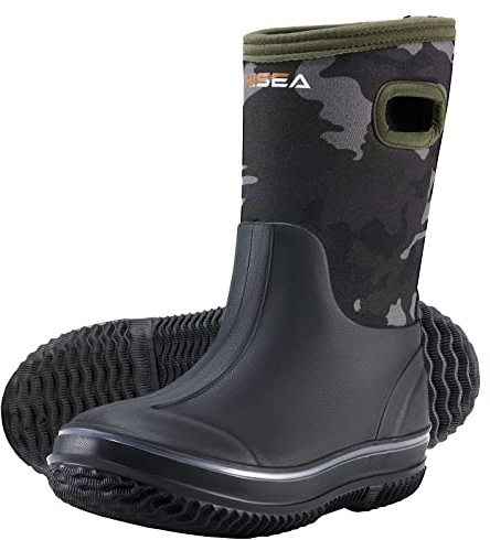 HISEA Kids Rain Boots for Boys Girls, Waterproof Insulated Rubber Neoprene Boots, Seamless Outdoor Boot with Handles Rainboots All Weather Mud Boots for Rain Water Snow and Winter, Size 6BK Green Camo