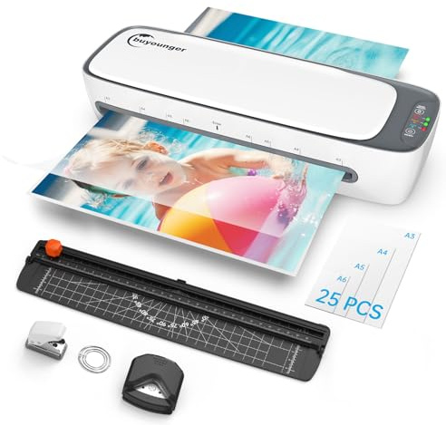 Buyounger Laminator, A3 Laminator Machine with 25 Pouches Thermal and Cold for A3 A4 A5 A6, 13 Inches Laminating Machine with 60s Warm-up for Home School Office