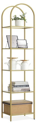 VASAGLE Scaffale Portaoggetti a 5 Ripiani, Libreria in Vetro Temperato, Design ad Arco, Struttura in Metallo, Soggiorno Camera da Letto Studio Bagno, Oro Metallizzato e Trasparente LGT501A01
