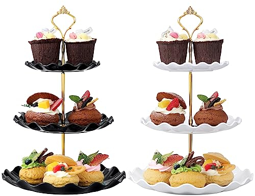 HonGien 2 Pièce Présentoir à Gâteaux à 3 Etages, Présentoir à Desserts aux Fruits pour les Anniversaires, Fêtes et Mariages (Modèle de Vague en Noir et Blanc)