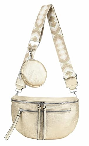 ITALYSHOP24 Damen Tasche Umhängetasche Brusttasche Muster Gürtel Bauchtasche Crossbody Gürteltasche Hüfttasche Crossover Bodybag Schultertasche Handytasche Leder Optik Gold