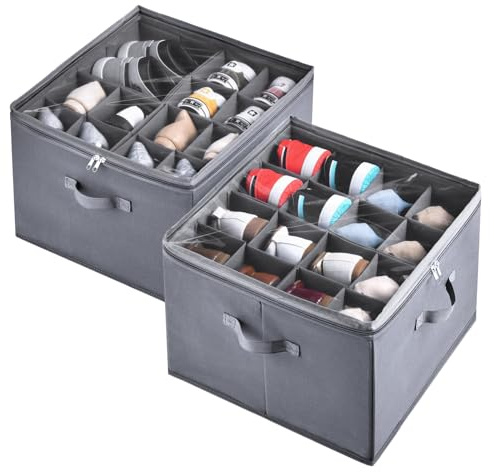 INSTY 2 Pack Shoe Organizer for Closet,Fits up to 32 Pairs,Adjustable Dividers for Shoe Storage,Fabric Shoe Storage Bins with Clear Cover,Grey