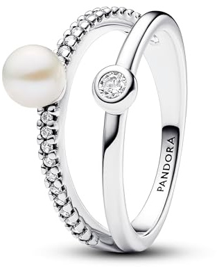 Pandora Timeless Anillo de plata de ley con perla blanca cultivada de agua dulce tratada y circonitas cúbicas transparentes, talla 52