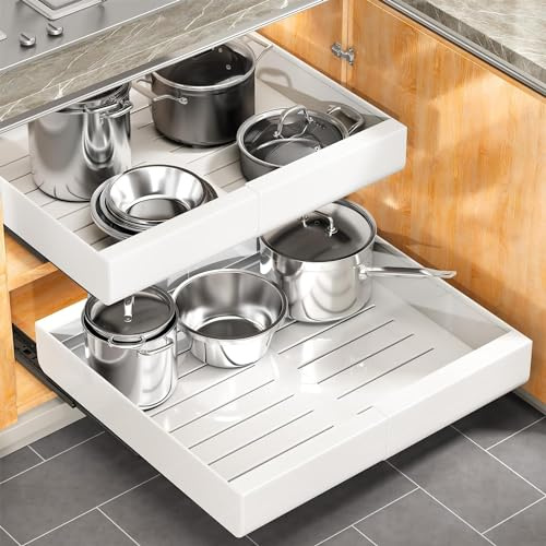 Kitstorack Pull out Cabinet Organizer, Expandable(12-20) Heavy Duty Slide out Drawers Fixed with Adhesive Nano Film for Pots, Roll out Shelf Storage for Kitchen Base Cabinet Organization(White)
