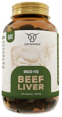 Carnivoro Rinderleber Kapseln - Multivitamin - Grass Fed Beef Liver - 240 Stück - 30 Tage Packung - Superfood - Natürliches Eisen, Vitamin A, Vitamin B12, B2, B3, B5, Folat, Kupfer - Keto - Paleo