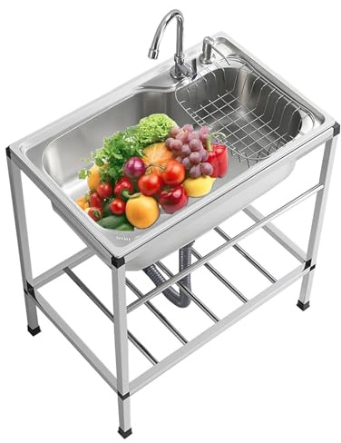 Évier de cuisine de restaurant commercial, évier de cuisine à double cuve en acier inoxydable sur pied avec robinet, lavabo pour cuisine de garage de restaurant (argent, taille: 80x43x75 cm)