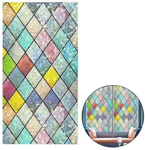 Pellicola per finestra 200 x 30 cm, pellicola per la privacy per finestre in vetro arcobaleno con motivo a griglia di cristallo lucida elettrostatica per porte bagno e cucina