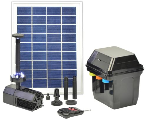 Profi-Pumpe® Oslo 300 | Kit Bomba Solar para Estanque con Batería y Mando | Panel 3W Marco Aluminio | 300 l/h con Luces LED | Fuente Solar Completa para Jardín y Terraza | Calidad Profesional