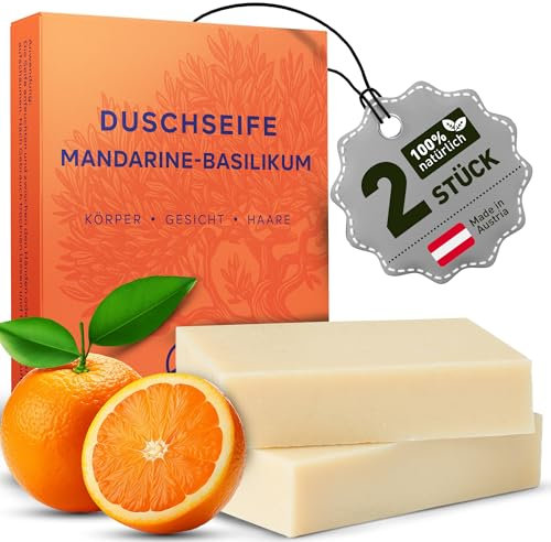 larum sports feste Duschseife Frauen Mandarine-Basilikum – festes Duschgel – feste Seife für Haare, Körper, Gesicht – festes Shampoo – Naturseife Damen – 2x Bio Seife à 85g