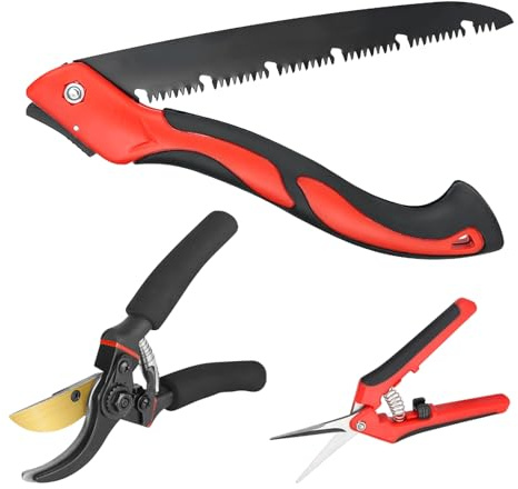 bssmmai Trädgårdssax set 2 stycken med SK5-blad, 3-i-1 handsåg grensåg vikbar ink, skördesax plocksax för blomma och frukt, växtsax trädsax för trädgårdsarbete
