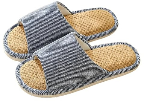 JIJIe Pantoufles en lin pour homme et femme, pantoufles à bout ouvert pour la maison, la chambre à coucher, bleu marine, 44/45 EU