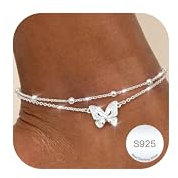 Lolias Silber 925 Fußkettchen - Layered Wasserdicht mit Schmetterling, Herz, Perlen, CZ - Sommer-Strand-Schmuck-Geschenk
