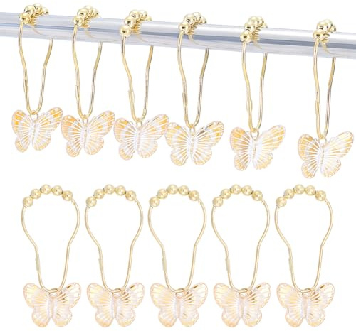 NBEADS 12 Pcs Crochet de Rideau de Douche Papillon, Anneaux de Rideau de Douche en Fer Anneaux Décoratifs pour Tringles de Douche de Salle de Bain Rideaux, Or