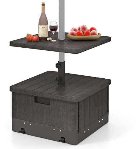 GOPLUS Base De Sombrilla Móvil Rellenable De Alta Resistencia, Soporte Para Sombrilla Con Ruedas Y Asa, Bandeja De Mesa, 2 Perillas Ajustables, Para Poste De Diámetro. 38mm/48mm (Cafetería)