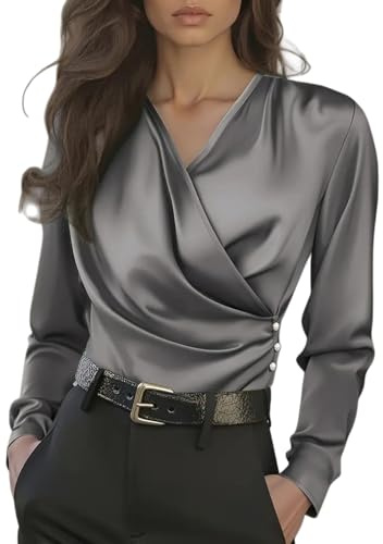Blusas de Mujer Elegantes Fiesta Raso Blusa Elegante de Satén Color Sólido Camiseta Talla Grande Seda Oficina Top Manga Larga Boda Camisa Cuello en V Moda Tops Cómodo Chic Básico Casual