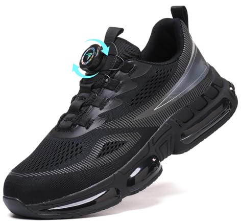 QYQCY Steel Toe Cap Trainers Mens Womens Safety Trainers Breathable Work Safety Shoes Black, 11 UK