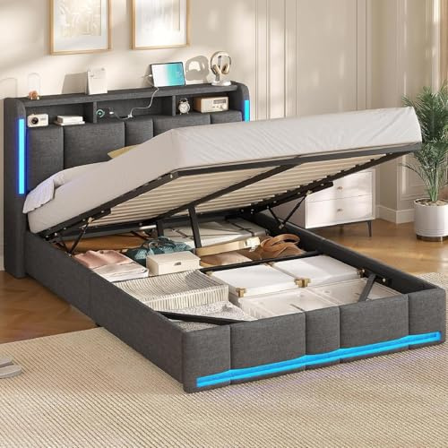 AOGLLATI Letto Matrimoniale con Contenitore 140x190 cm, Struttura Letto Matrimoniale con Illuminazione a LED e Stazione di Ricarica, Letto Imbottito con Testiera e Sollevamento Idraulico, Grigio Scuro