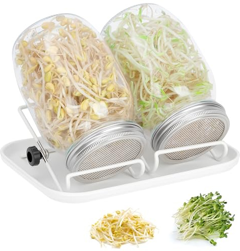 Acrrynii Germogliatore per Semi, 2 X 1000ml Barattolo Germogliatore in Vetro con Coperchio a Filtro in Acciaio Inox, Supporto Regolabile e Vassoio Bianco, Barattoli Germogli per Germinazione di Semi