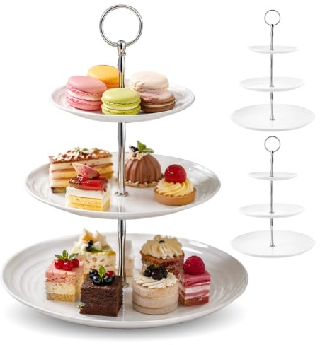 FARYODI 3 alzate a 3 ripiani, colore bianco, altezza 33 cm, per cupcake, in plastica, rotondi, per torte, frutta, snack, biscotti, tè pomeridiano, riutilizzabili