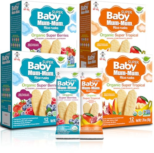 Baby Mum-Mum Organic Rice Biscuits, Super Tropical & Super Berries | 24 Count (Pack of 4) | Gluten Free, Allergen Free, Non-GMO | Toddler Snacks, Rice Rusk, Cracker, Cookies for Babies