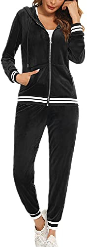 Enjyam Damträningsdress i velour, mysig Nicki-hemmadress, tvådelad joggingdress i mjuk sammet med ribbad jacka med dragkedja och byxor med ficka, svart, L