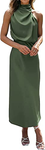 DAVNO Maxi Abito da Donna Abito da Cerimonia Nuziale in Seta Abito Lungo Senza Maniche Elegante Abito da Cocktail Avvolgente con Scollo all'Americana (Color : A, Size : M)