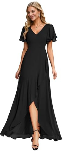 Ever-Pretty Women's Bridesmaid Dresse V Neck Maxi Asymmetrical Short Sleeves Black 18