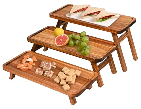 GEHE 3 Tier Serving Tray Acacia Wooden Tiered Tray Stand Foldable Dessert Table Display Set Decor Charcuterie Boards for Party, Birthday, Wedding, Christmas