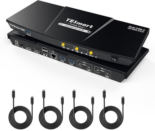 TESmart USB-C KVM Switch 2 Monitors 2 Laptops, USB 3.0 KVM Switch Dual Monitor MST, 600W PD | 1G Ethernet | EDID Emulation | 2K@144Hz | Hotkey Switch, with All Input Cables