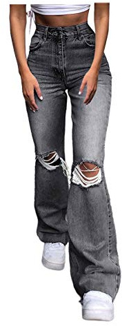 High Waisted Dark Ripped Womens Jeans Plus Size Ladies Slim Fit Boyfriend Juniors Wide Leg Bell Bottom Flared Bootcut Jeans with Pockets Grey
