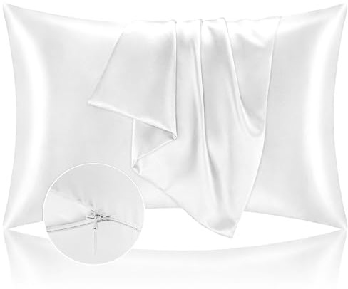 Örngott i satin för säng, 50 x 90 cm, silkeslent örngott som skyddar hud och hår, Oeko-Tex, supermjuk och allergivänligt, 2 st örngott med dragkedja, vit