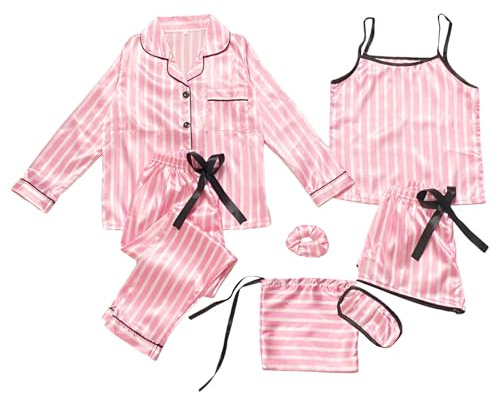 Jamron Filles 7PCS Satin Ensemble Pyjama Top & Pantalon Shorts Vêtements de Nuit Rayures Roses SN07655-2 140CM