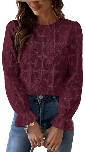 CUPSHE Women's Long Sleeve Blouse Made of Broderie Anglaise, with Floral Pattern, Elegant Round Neck, Women’s Top with Puff Sleeves, claret, L