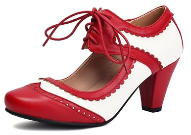 Mary Jane Lace Up Scarpe da donna Punta rotonda chiusa anno Vintage Gatsby décolleté Vittoriane retro, Colore: rosso, 37 EU