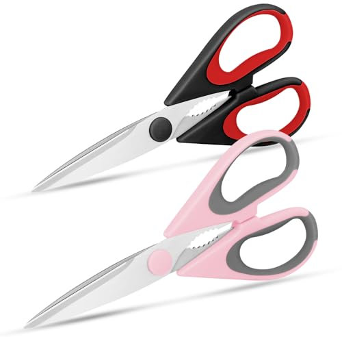Vutyvve Forbici da cucina, 2 forbici da cucina rimovibili, lame in acciaio inox, impugnatura morbida, lavabili in lavastoviglie, colore: rosso/nero/rosa grigio