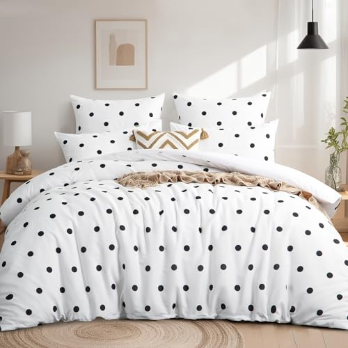 Tifschlaf Double Duvet Set - Double Bedding Set with Pillowcases, Ultrasoft Microfiber Luxury Non Iron Quilt Cover with Zipper Closure, Cute Polka Dots White 200x200cm