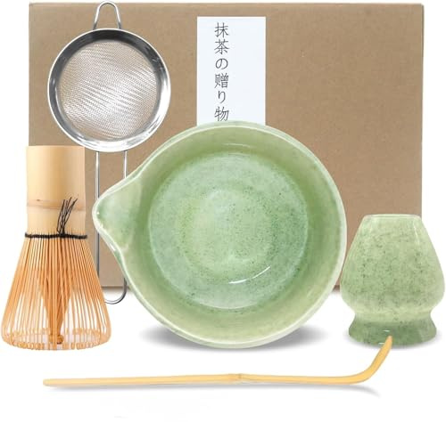 Matcha Kit Completo Matcha Set per Cerimonia Giapponese con Frusta in Bambù Set di Tè Matcha in Ceramica Chasen Supporto per Frullino Cucchiaio Ciotola per Matcha Regalo ad Amici o Colleghi (Verde-2)