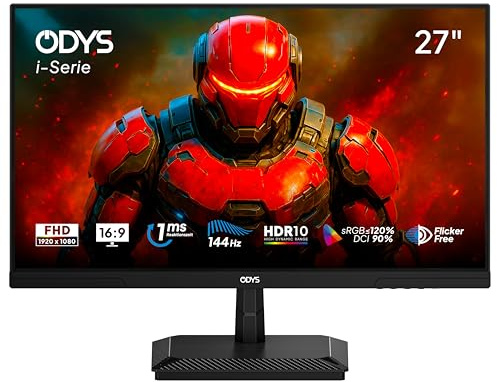 ODYS i27-F-144 Gaming Monitor – 27 Zoll (69 cm) Full HD (1920x1080), 144 Hz, 1ms (MPRT), IPS-Panel, Adaptive Sync, HDR10, 120% sRGB, HDMI 2.1, DisplayPort, Flicker-Free